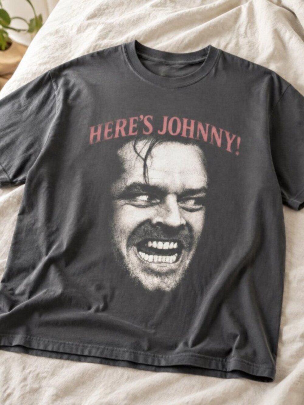 Black "HERE'S JOHNNY" graphic t-shirt